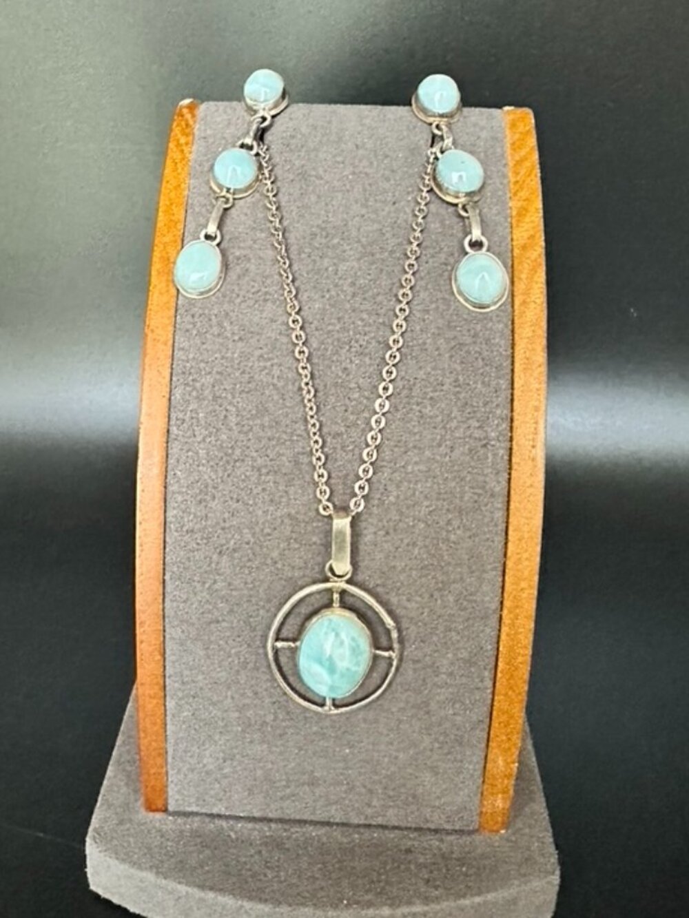 Larimar Necklace & Earrings Pendant Set Oval Stones Stamped 925